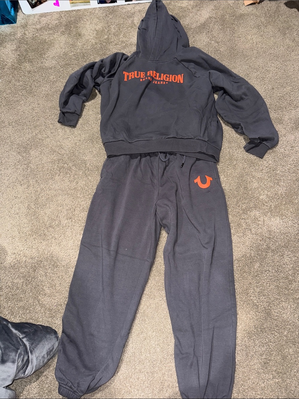 True Religion women Charcoal Hoodie & Jogger Set with Orange Logo